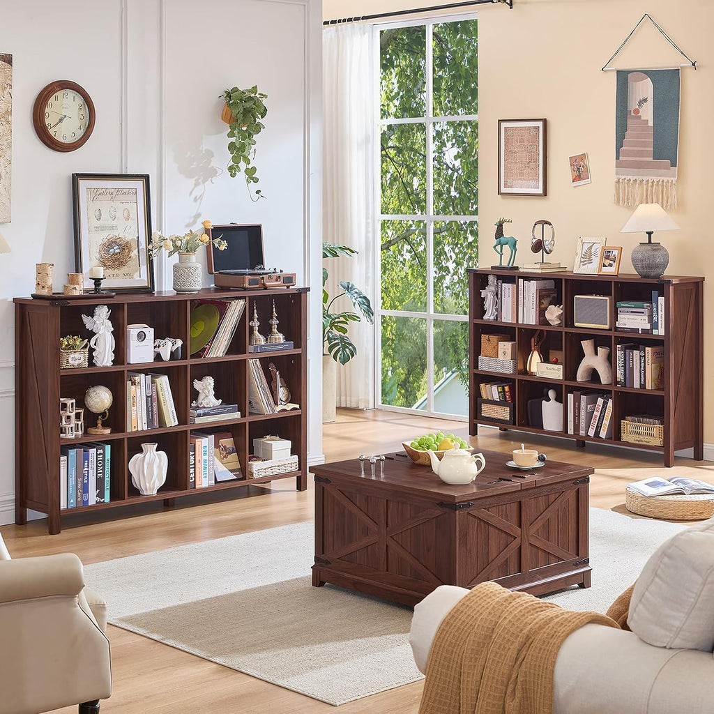Joaxswe 12 Cube Storage Organizer, Farmhouse 62 Inch Wide Brown Walnut Display Bookshelf, Wooden 3 Tier Large Open Book Shelf, Vintage Bookcase for Home Office, Cubby Cabinet for Living Room, Office