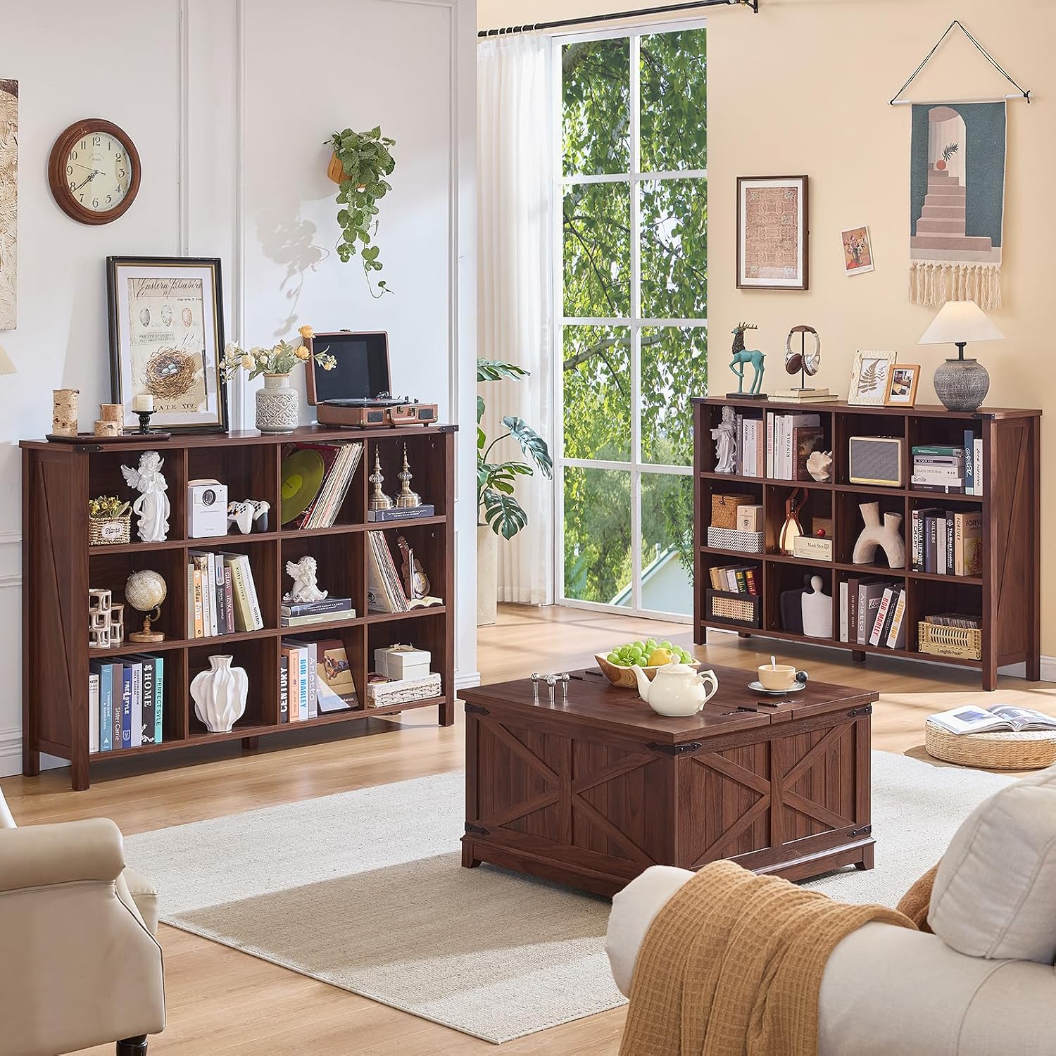 Joaxswe 12 Cube Storage Organizer, Farmhouse 62 Inch Wide Brown Walnut Display Bookshelf, Wooden 3 Tier Large Open Book Shelf, Vintage Bookcase for Home Office, Cubby Cabinet for Living Room, Office