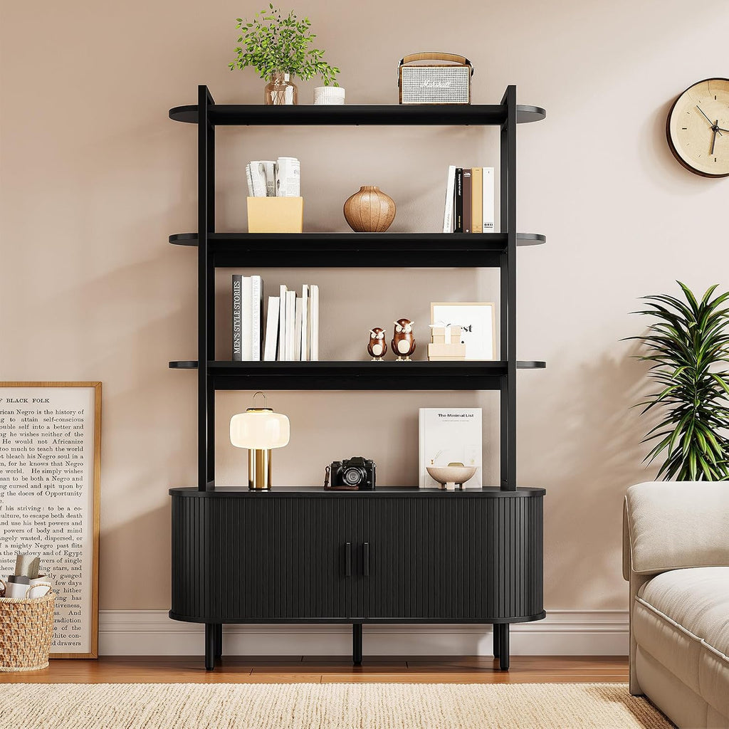 5 Tier Bookshelf with Fluted Cabinet, Tall Bookcase with Sliding Door, Metal and Wood Display Shelf, Free Standing Storage Shelving Unit, Corner Storage Organizer for Living Room, Home Office, Black