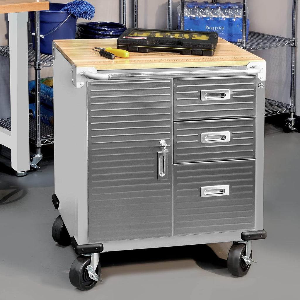 Seville Classics UltraHD Heavy Duty Rolling Cabinet Workbench Table w/Solid Wood Top, Workstation for Garage, Office, Workshop, Granite, 1-Door, 4-Drawer (28' W x 20' D)