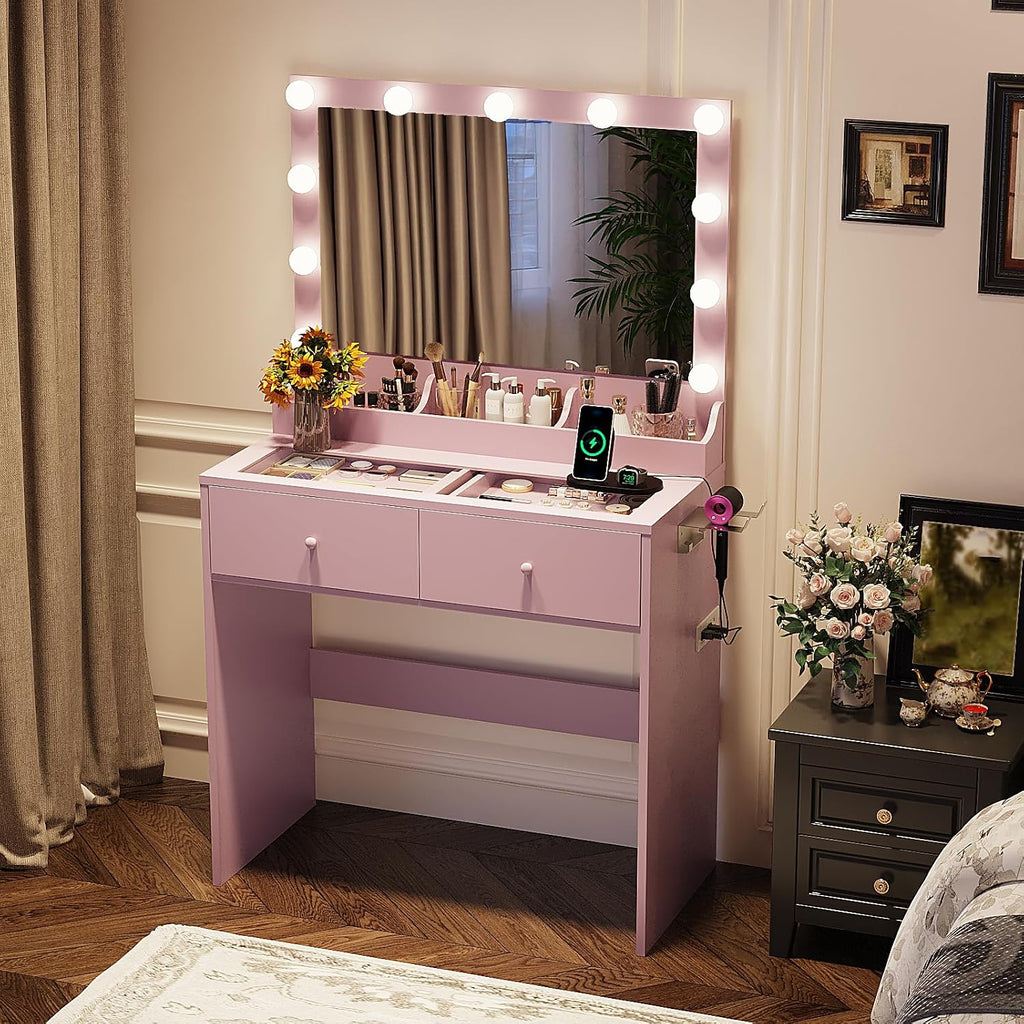 VINGLI Vanity Desk with Mirror and Adjustable Lights, Glass Top Makeup Vanity Table Built-in Power Outlets & Hairdryer Holder, Small Pink Dressing Table w/Hollywood Bulbs, Gifts for Girls, 31.5in