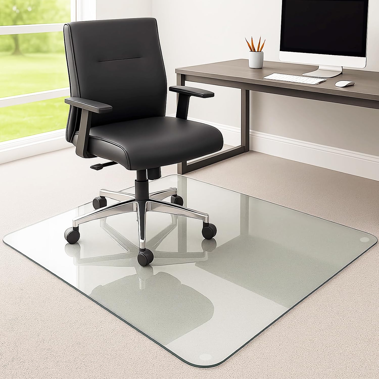 Tempered Glass Chair Mat, 55' x 46' Glass Office Chair Mat, 1/5' Thick Clear Floor Mat with Anti-Slip Pads, Heavy Duty Glass Mat for Carpeted and Hard Floor