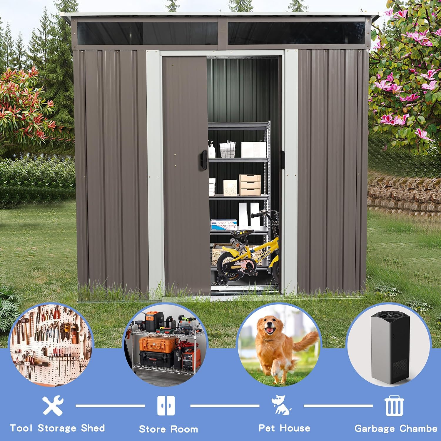 6x5 ft Outdoor Metal Storage Shed with Foundation Frame, Galvanized Steel Tool Shed with Lockable Sliding Door, Transparent Plate and Air Vent, Waterproof Garden Storage House for Backyard, Patio