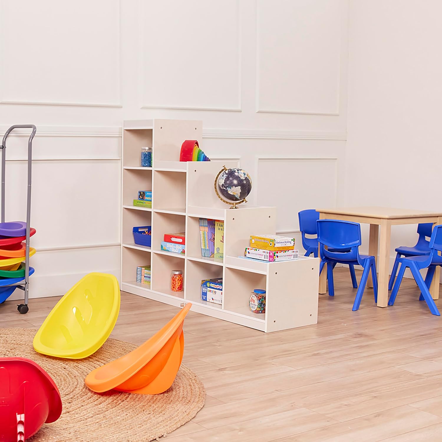 ECR4Kids 4-3-2-1 Double-Sided Cube Storage Organizer, Classroom Furniture, White Wash
