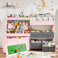 Toy Storage Organizer with Stuffed Animal Storage – Kids Bookshelf with 4 Removable Bins and 1 Movable Toy Box, 3-Tier Bookshelf with Buildable Baseplate Lid for Lego Bricks, Kids Room Playroom (Pink)