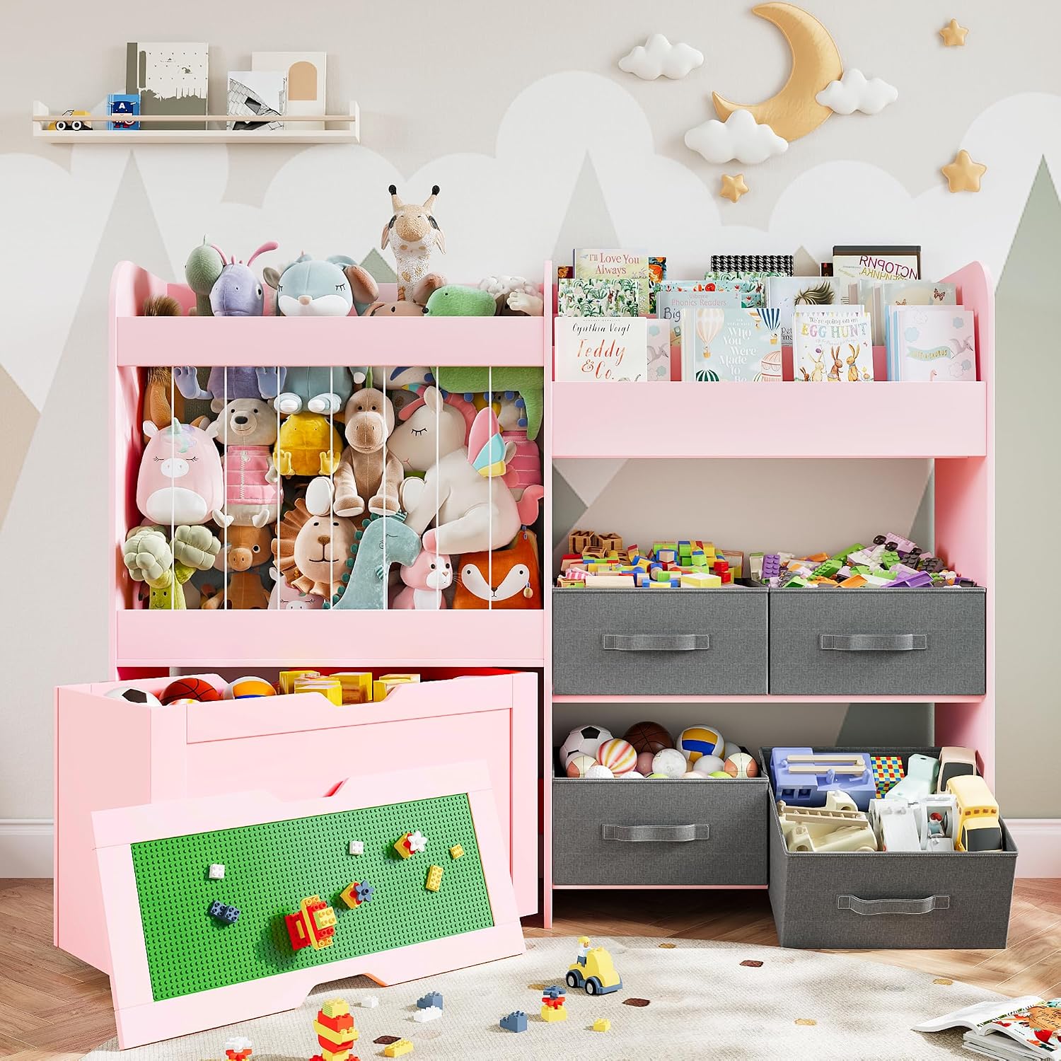 Toy Storage Organizer with Stuffed Animal Storage – Kids Bookshelf with 4 Removable Bins and 1 Movable Toy Box, 3-Tier Bookshelf with Buildable Baseplate Lid for Lego Bricks, Kids Room Playroom (Pink)