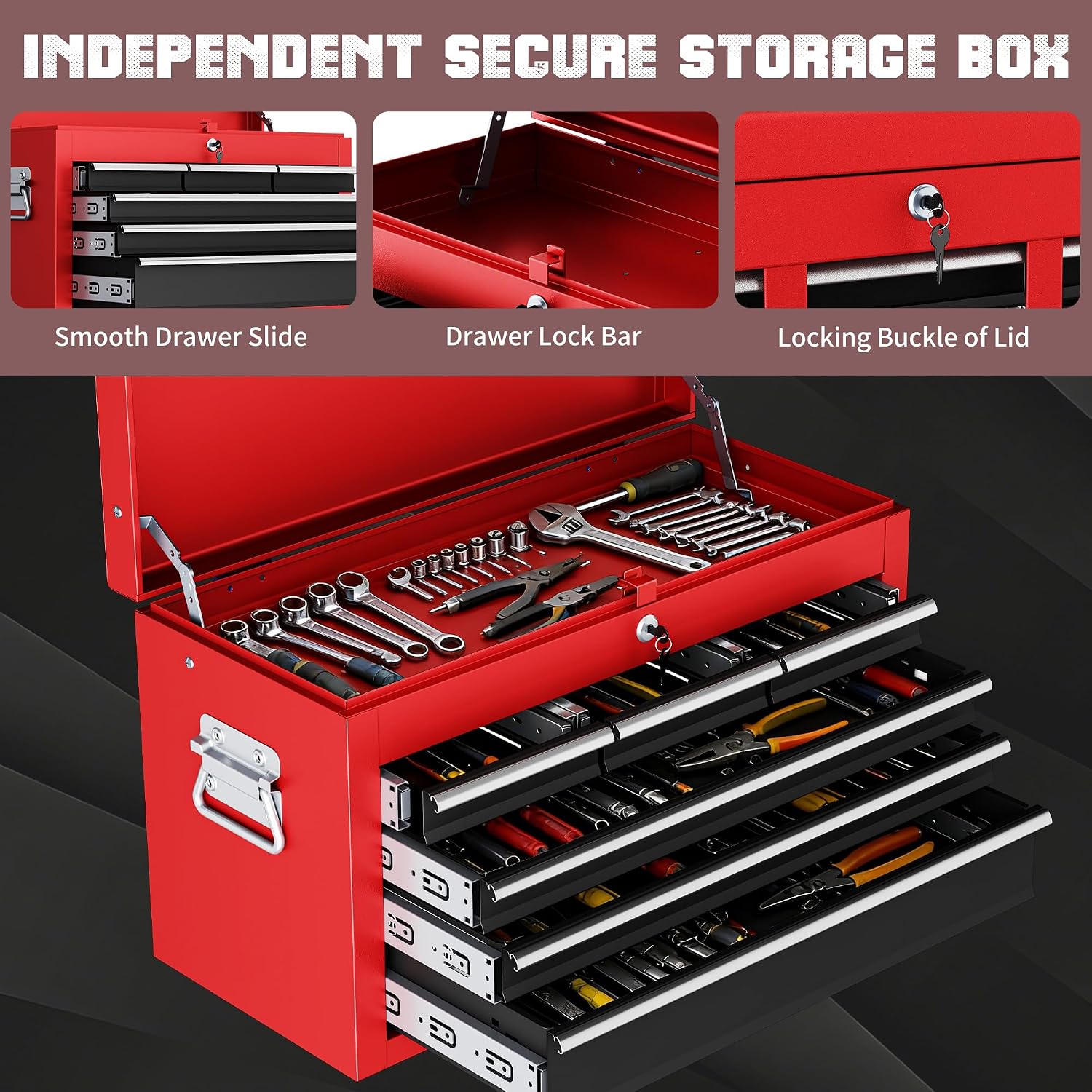 Metal Tool Chest, 8 Drawer Rolling Tool Chest with Wheels, Assembled Tool Storage Cabinet with Locking, Sliding Drawers & Detachable Top Tool Box, for Repair Room Warehouse Garage Workshop, Red