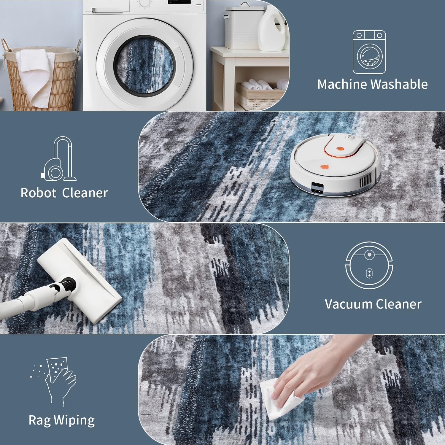 Ciicool Modern Abstract Deep Blue Gray Rug for Living Room, 8'x10' Machine Washable Area Rug Non-Slip Rug, Low-Pile Contemporary Indoor Dining Floor Carpet for Bedroom Office Under Table Home Decor