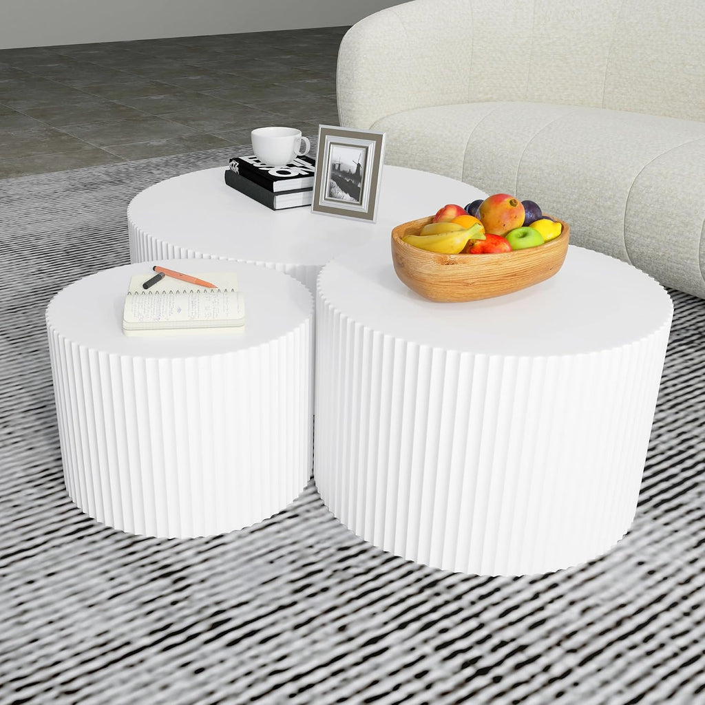 White Round Coffee Table Set of 3 Modern Drum Circle Nesting Coffee Tables for Living Room, Contemporary Wood Fluted Embossed Side Table End Table, No Assembly, White (3-Pcs)