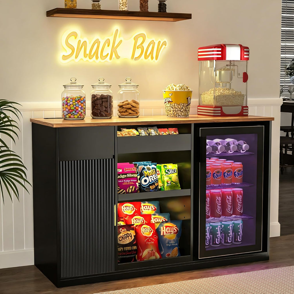 GDLF Snack Bar Cabinet with Fridge Space, Snack Organizer with Storage and Candy Display Shelf, Coffee Station for Home Theater or Game Room, 51.2' L，Black