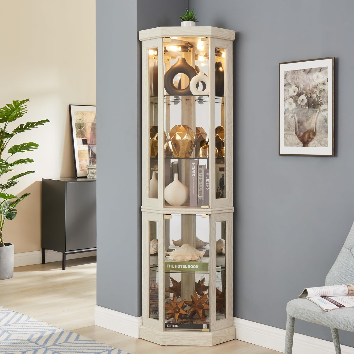 69' H Lighted Curio Cabinet Corner Display Case,Corner Glass Cabinet with Tempered Glass Door and Adjustable Shelves,Wooden Curio Case with Mirrored Back Pane (Style 2 - Antique White)