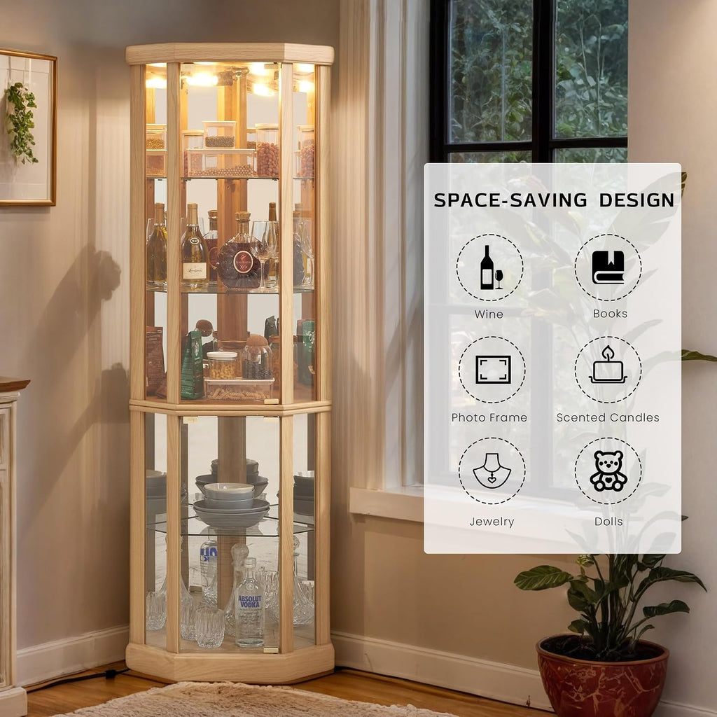 Corner Curio Cabinet, 70' H Lighted Glass Display Cage with Tempered Glass Doors and 5 Adjustable Shelves, Light Bulb Inclued, Wine Bar China Cabinet for Living Room (Light Oak)