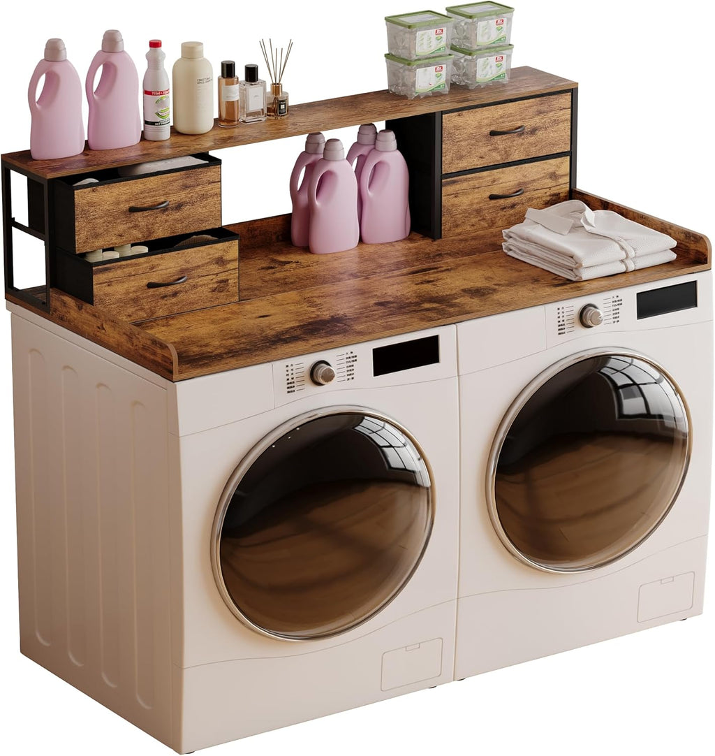 Unionly Washer and Dryer Countertop, 27.5' D x 53.9' W x 12.9' H Solid Wood Washer Dryer Countertop with Organizer Shelves with Four Drawers for Laundry Room Organization (Rustic Brown)