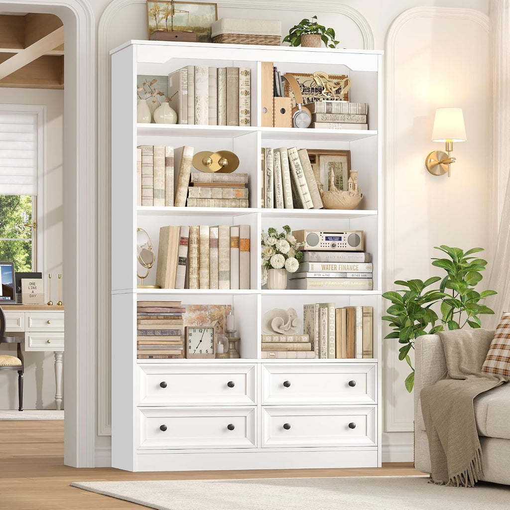 FINETONES 71' Tall Bookshelf with 4 Drawers, 6-Tier Double Wide Bookshelves and Bookcases with Storage, White Bookshelf Large Open Bookshelves Standing Book Cabinet for Home Office, White