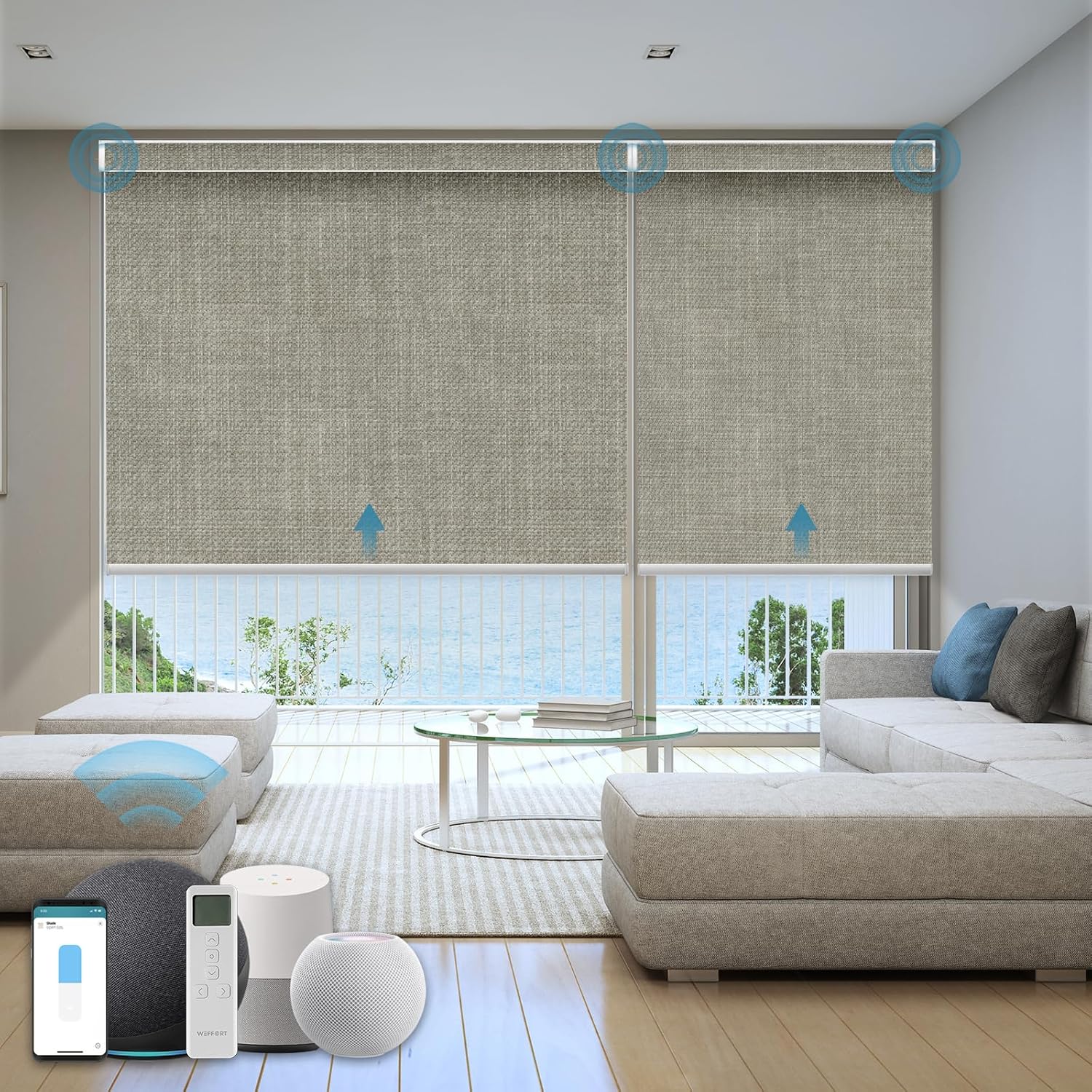 Motorized Roller Shade, 100% Blackout Smart Window Blinds Work with Homekit, Alexa, Google Home, Remote Control, Electric Blinds with USB/Solar Pannel Charging, Gentle Sage