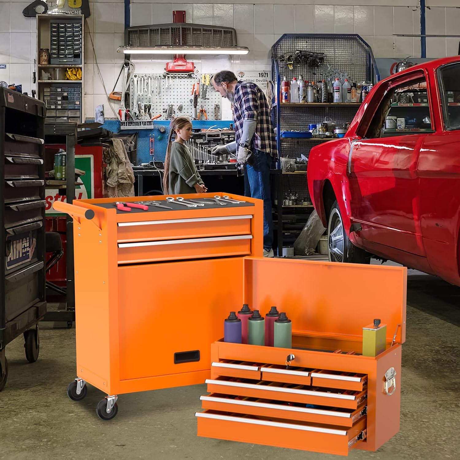 Go Big 8-Drawers Tool Chest Tool Box, Rolling Tool Chest with Wheels, Rolling Tool Box with Wheels, Garage Tool Storage Cabinet on Wheels, Locking System Toolbox(Cool Orange)