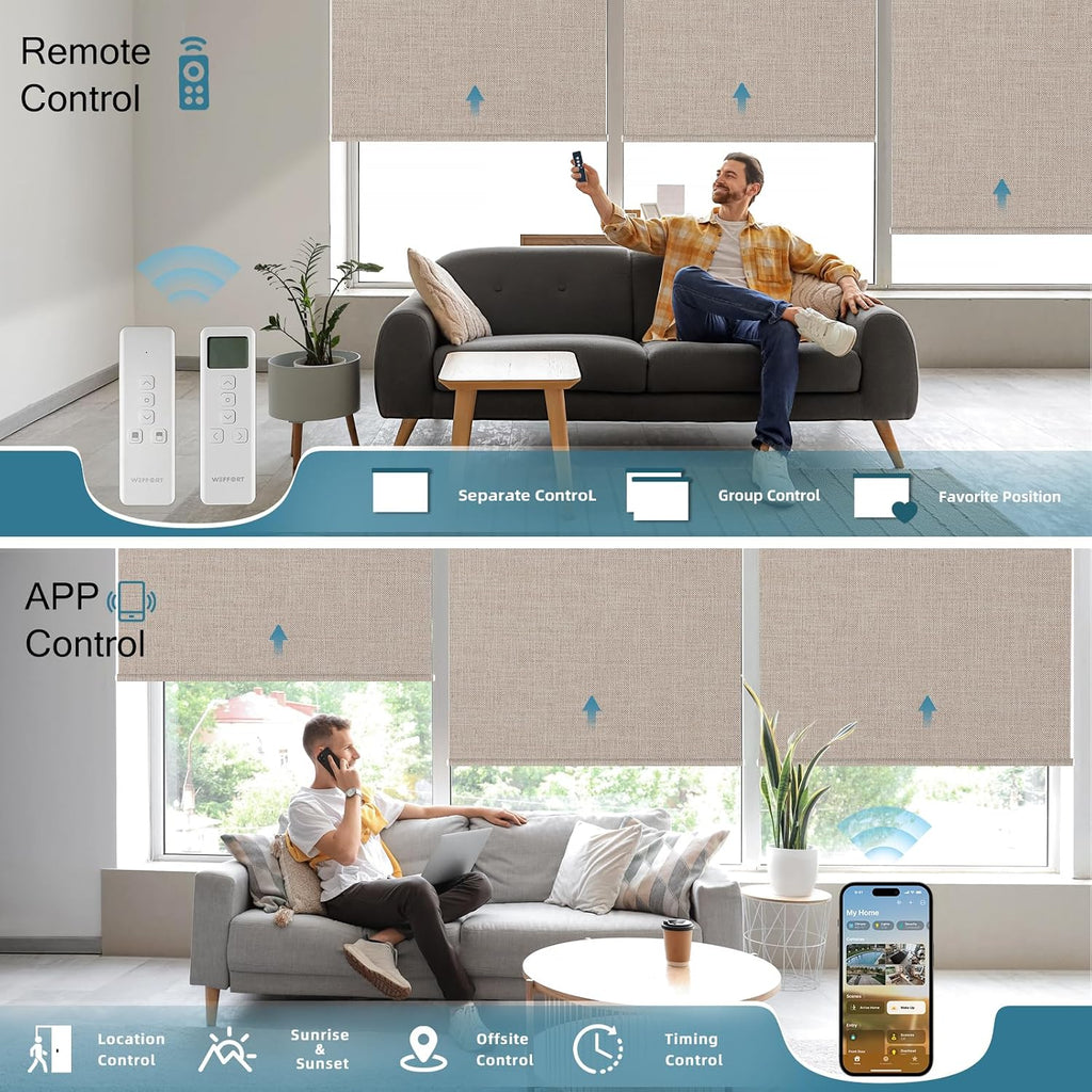 Motorized Roller Shade, 100% Blackout Smart Window Blinds Work with Homekit, Alexa, Google Home, Remote Control, Electric Blinds with USB/Solar Pannel Charging,Bouvardia Light Brown