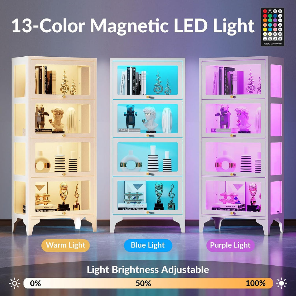 Lucky Monet 4 Tier Curio Display Cabinet with 13-Color LED Lights & Flip-Up Glass Doors, 3-Side Glass Lighted Display Case for Collectibles, Figures, Books, 55' Metal Storage Cabinet, White