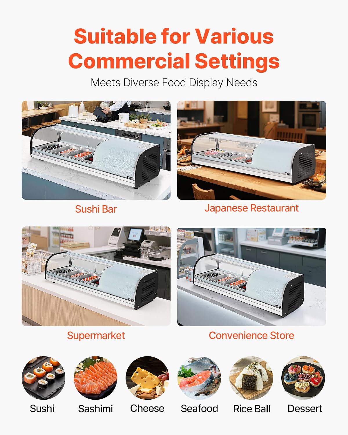 VEVOR Sushi Display Case Refrigerator, 1.5 Cu.ft Commercial Sushi Case, 4-Pan Countertop Showcase with Curved Glass, LED Lighting, and Digital Temperature Control, for Sushi-Bar, Restaurant, Store