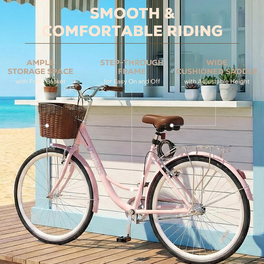 VIRIBUS Beach Cruiser Bike for Women, Single Speed Womens Bike with Basket & Rack 24 26 inch, Retro Step Through Cruiser Bicycle for Petite Short Women Female Ladies City Commuter, 330 lb.