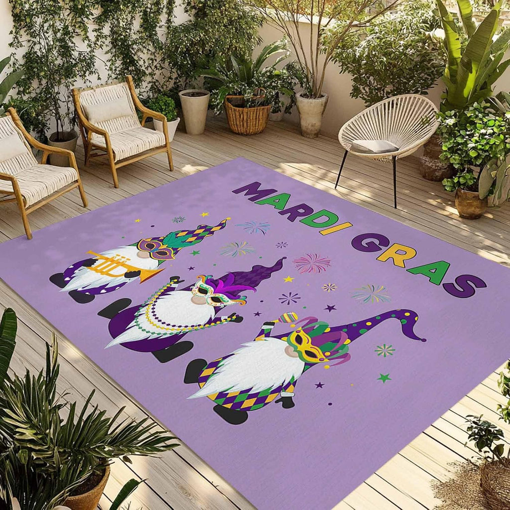 Outdoor Rug 4x6ft Mardi Gras Cartoon Cute Dwarfs Patio Area Rugs Waterproof Easy Cleaning Non Shedding Thick Mats Purple Carpet for Indoor Outdoor Porch Deck Backyard Balcony