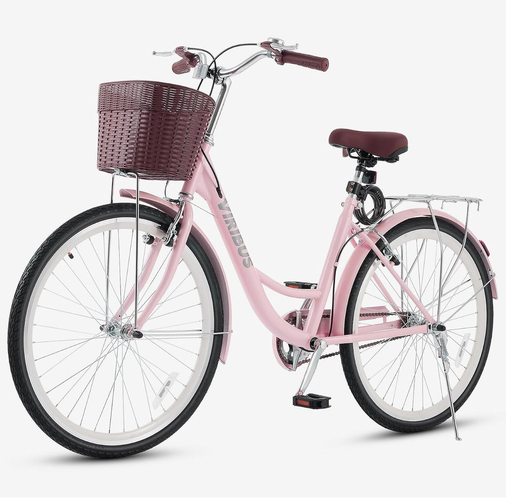 VIRIBUS Beach Cruiser Bike for Women, Single Speed Womens Bike with Basket & Rack 24 26 inch, Retro Step Through Cruiser Bicycle for Petite Short Women Female Ladies City Commuter, 330 lb.