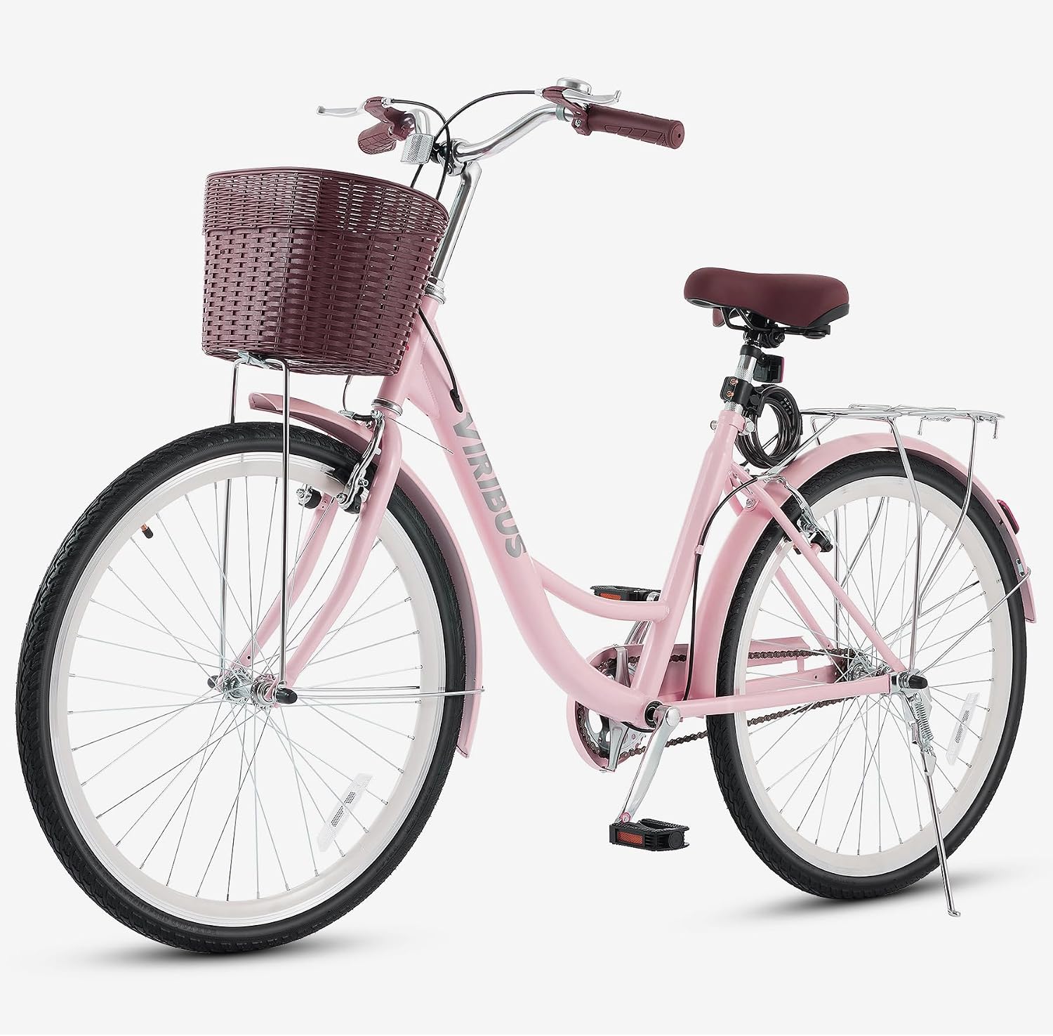 VIRIBUS Beach Cruiser Bike for Women, Single Speed Womens Bike with Basket & Rack 24 26 inch, Retro Step Through Cruiser Bicycle for Petite Short Women Female Ladies City Commuter, 330 lb.