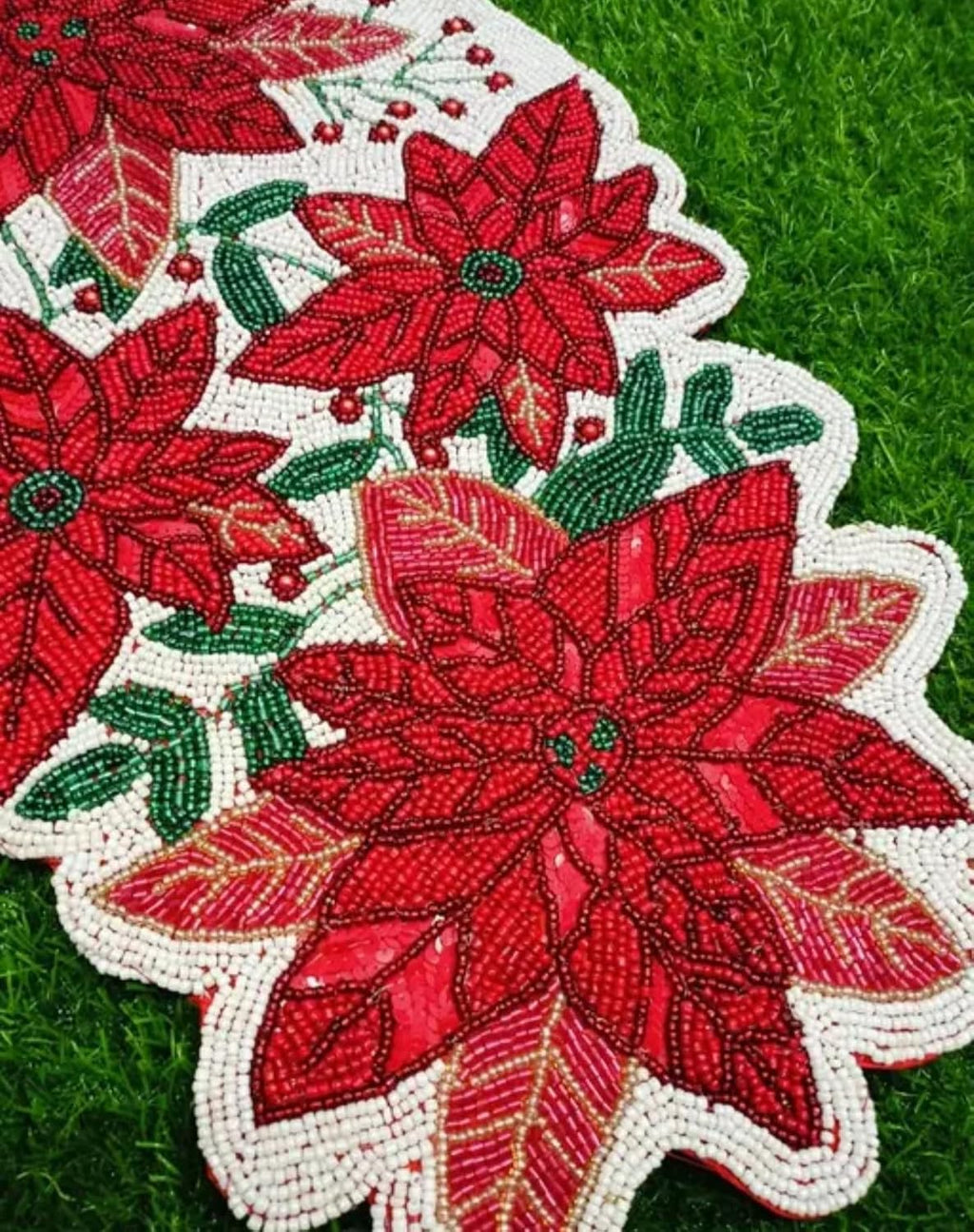 Beaded Poinsettia Table Runner, Red and White with Green Leaves, Christmas Holiday Decor
