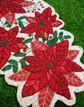 Beaded Poinsettia Table Runner, Red and White with Green Leaves, Christmas Holiday Decor