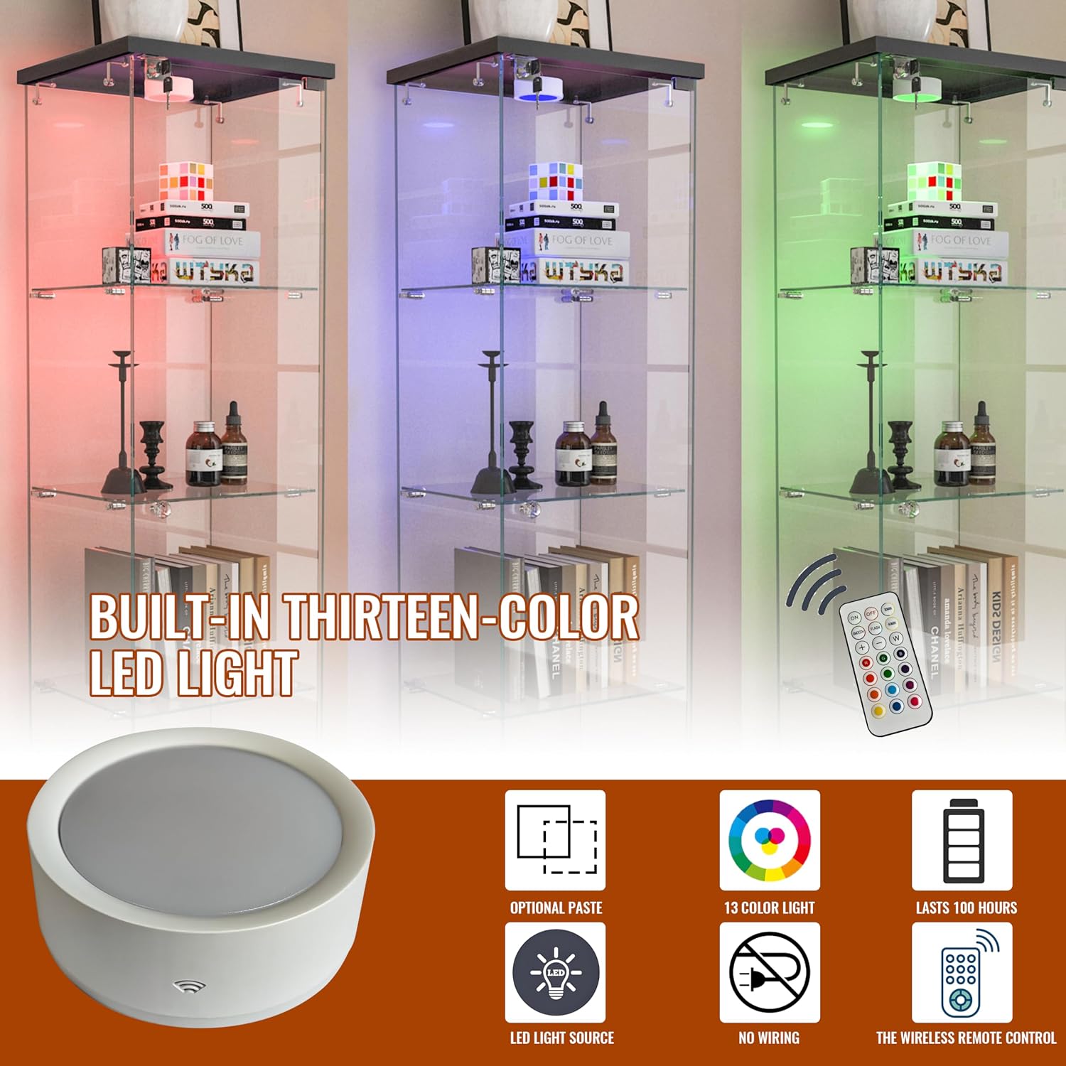 Modern Glass Display Cabinet with LED Light 4-Shelf Curio Cabinets with Storage Drawer and Wheels,Tempered Glass Display Shelf Bookcase for Living Room Home Office