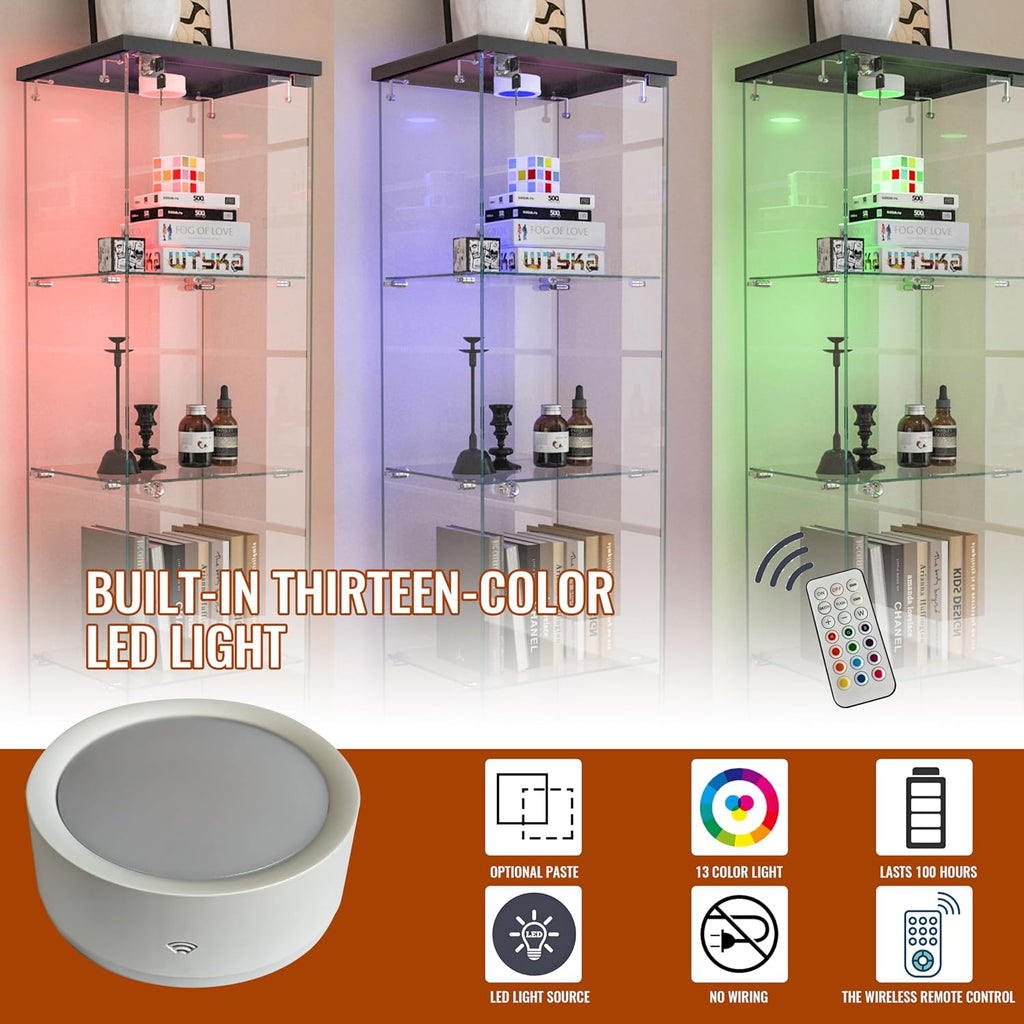 Modern Glass Display Cabinet with LED Light 4-Shelf Curio Cabinets with Rattan Drawer and Wheels,Tempered Glass Display Shelf Bookcase for Living Room Home Office