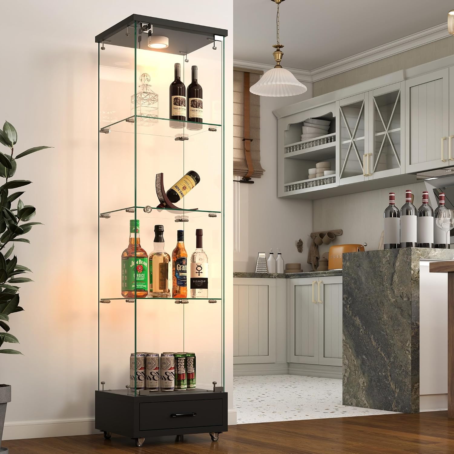 Modern Glass Display Cabinet with LED Light 4-Shelf Curio Cabinets with Storage Drawer and Wheels,Tempered Glass Display Shelf Bookcase for Living Room Home Office