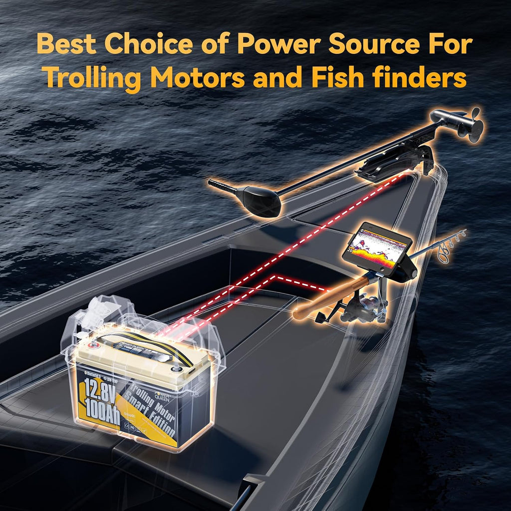 Power Queen LiFePO4 Battery 12V 100Ah Bluetooth Group31 Deep Cycle Battery, Max. Output Power 1280W, 100A BMS with Low-Temp Cut-off Protection for RV, Trolling Motors, Solar System