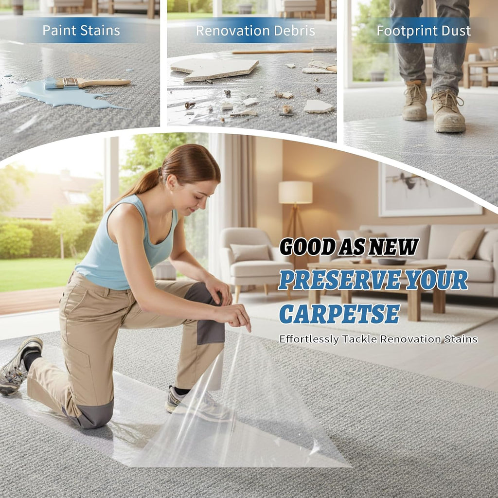 Yiech Carpet Protection Film 36' x 500' – Clear self-adhesive protective film for carpets and floors, waterproof and puncture-resistant shield, easy to install and remove, ideal for construction