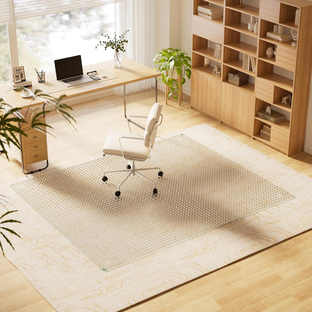 VETROUVE 46' x 55' Glass Chair Mat for Carpet, Single-Sided Textured Heavy Duty Hard Tempered Glass Desk Office Mat with 4 Anti-Slip Pads, 1/5' Thick, Smooth Rolling, Scratch Resistant