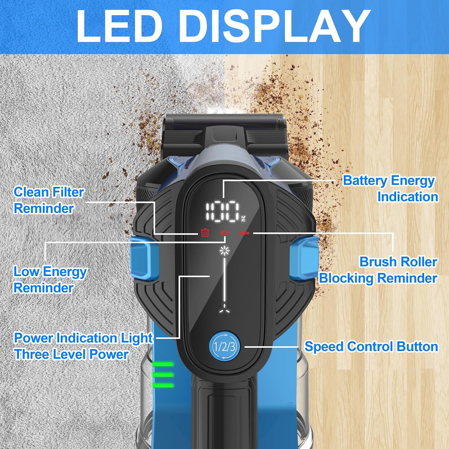 Cordless Vacuum Cleaner, 33000pa Stick with Smart LED Display, Max 50 Mins Runtime, Anti-Tangle Lightweight Handheld for Hard Floor Carpet Pet Hair Home