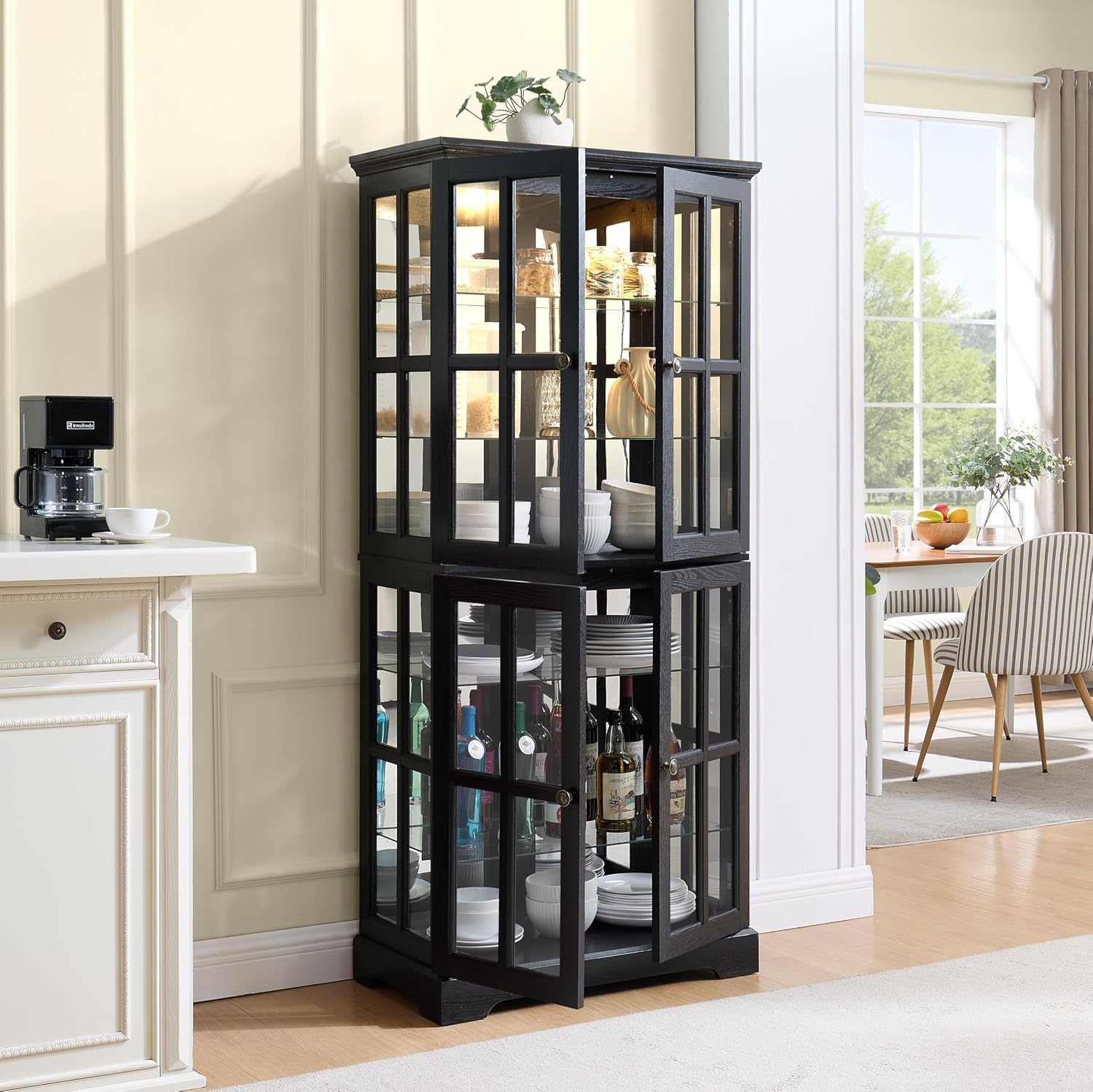 KEIKI Glass Display Cabinet with Adjustable Shelves, Antique Curio Storage Cabinet with Tempered Glass Doors, Four Door Design, Vintage Showcase with E26 Bulb Included, Black
