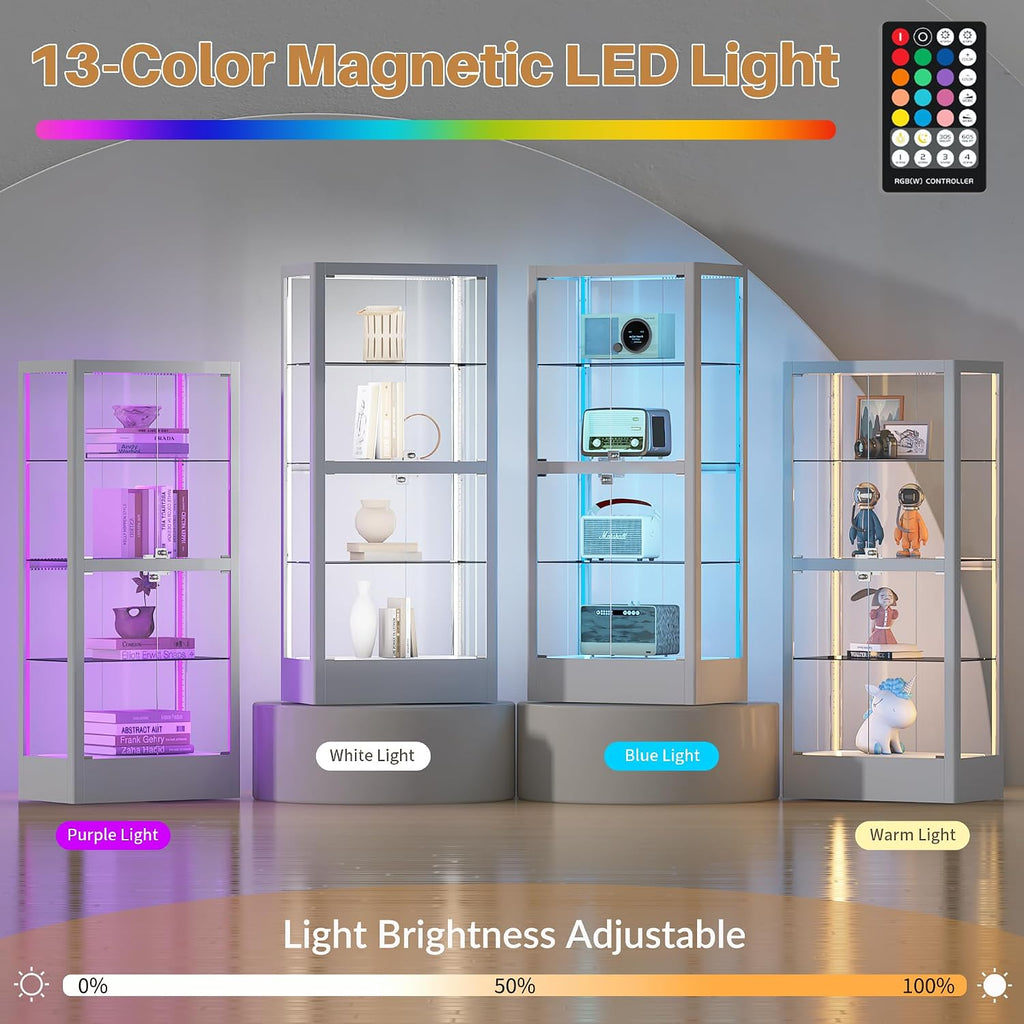 4-Sided Glass Display Cabinet with Lock & 13 Color Light, Lighted Curio Cabinet with Glass Door & Adjustable Shelves, Metal Display Case for Collectibles Figures Wine China, 28' W White
