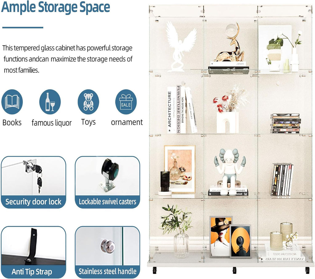 Modern Glass Display Cabinet 12-Shelf with LED Light,Lock and Wheels, 2 Door Curio Cabinets,Tempered Glass Collection Display Showcase for Living Room Home Office,46.8x13.5x64.8 H,White