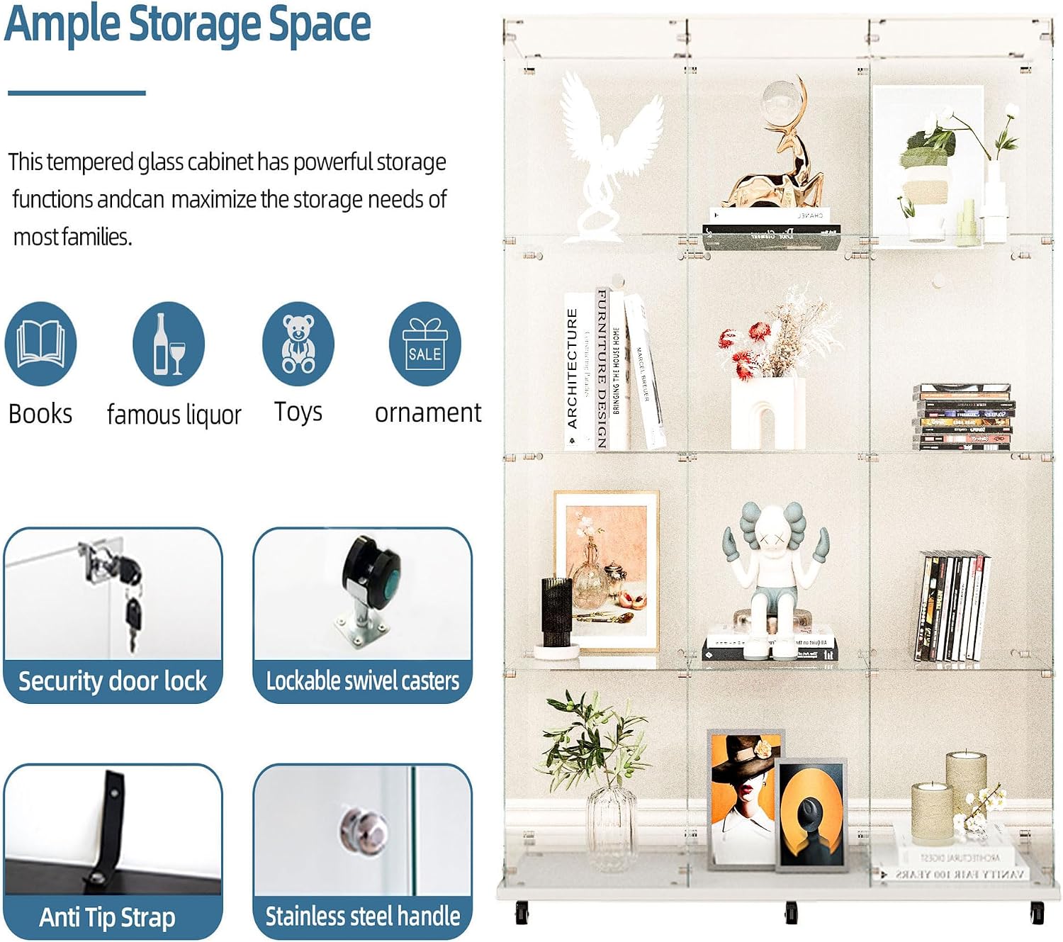 Modern Glass Display Cabinet 12-Shelf with LED Light,Lock and Wheels, 2 Door Curio Cabinets,Tempered Glass Collection Display Showcase for Living Room Home Office,46.8x13.5x64.8 H,White