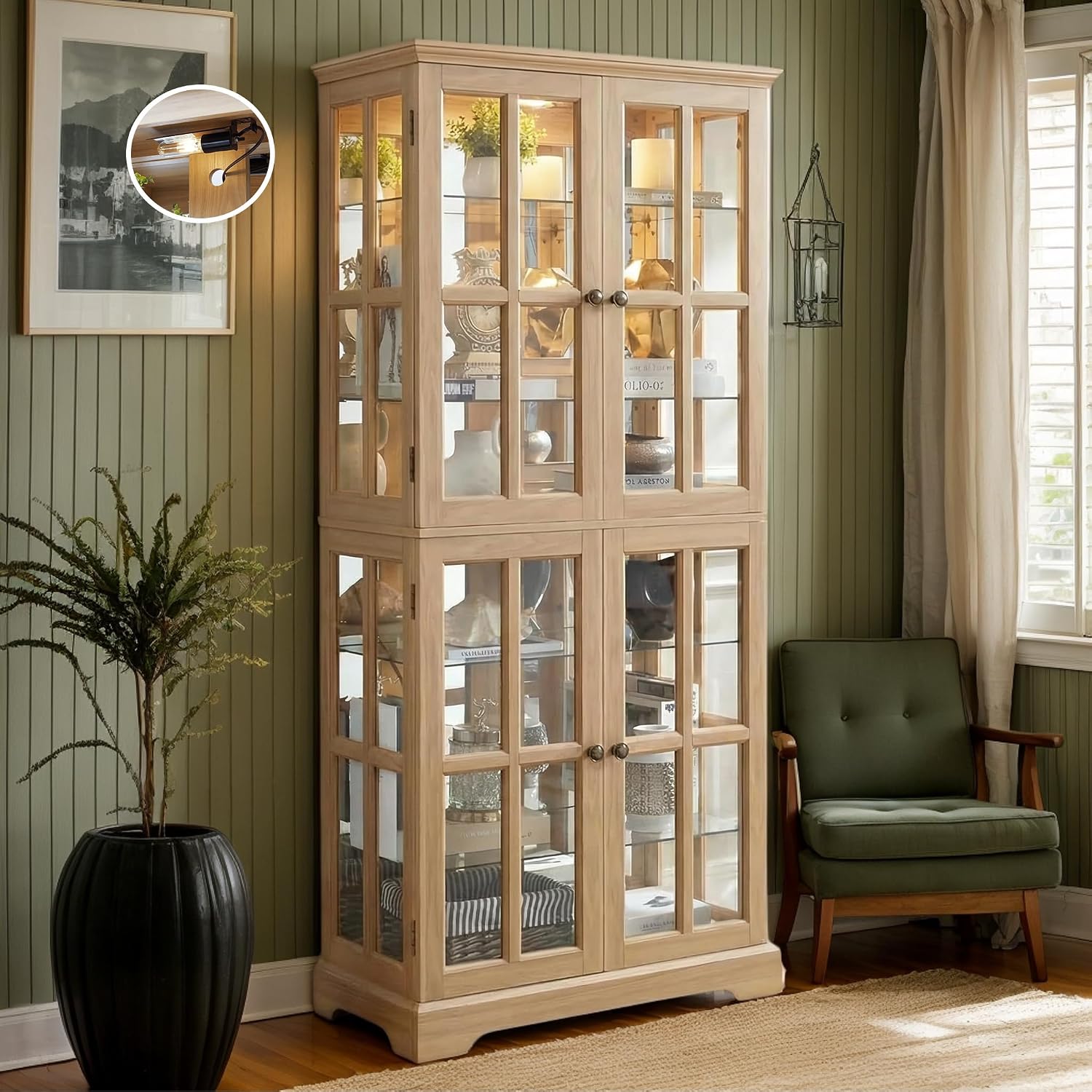 Glass Display Cabinet, 69' H Curio Cabinet with Adjustable Shelves and 4 Glass Doors, Light Bulb Included, Elegant Antique Showcase, Rack for Living Room/Home Office (Oak)