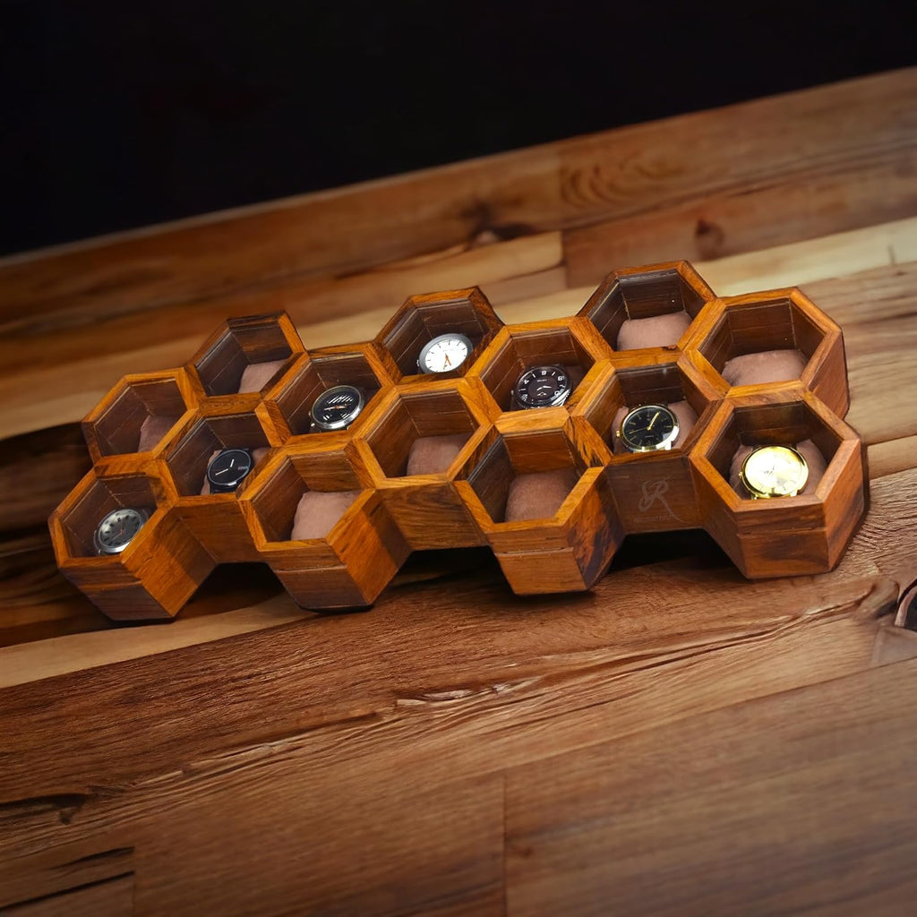 Royal Craft Expertise Hanging Wall Mounted Wooden Watch Box Organizer – 14 Slot Luxury Watch Case for Men & Women | Vintage Rosewood Honeycomb Design | Unisex Wooden Watch Storage Box