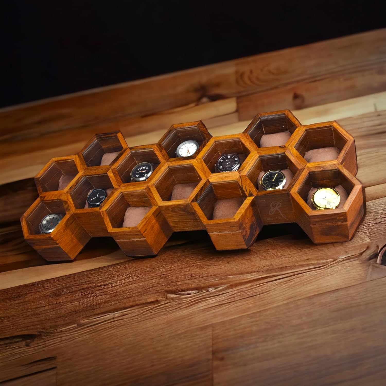 Royal Craft Expertise Hanging Wall Mounted Wooden Watch Box Organizer – 14 Slot Luxury Watch Case for Men & Women | Vintage Rosewood Honeycomb Design | Unisex Wooden Watch Storage Box