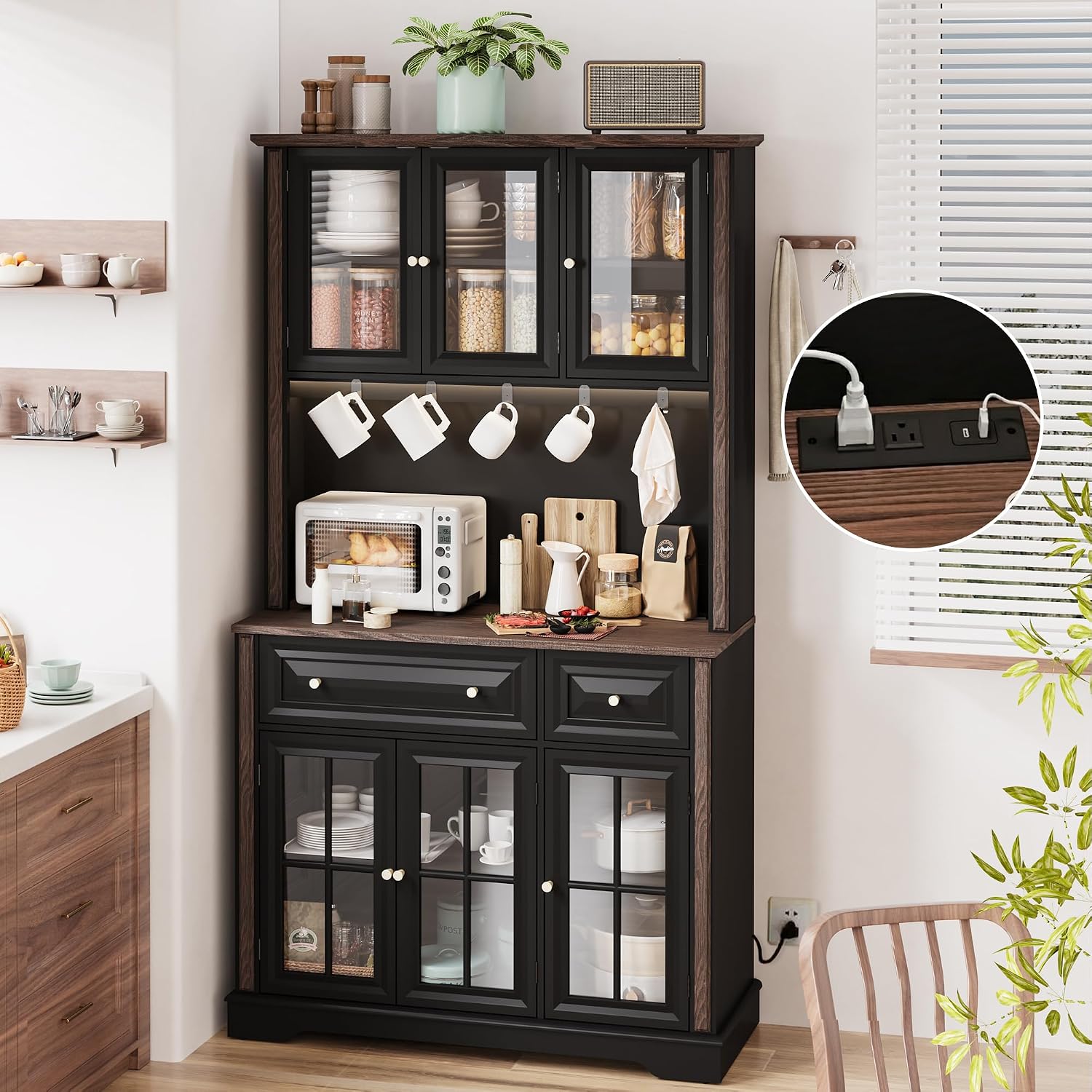 70' Kitchen Pantry Cabinet with Power Outlet| LED Lights, 38' W Kitchen Hutch Storage Cabinet with Countertop, Tall Kitchens Hutch Cabinets for Home Dining Living Room, Black