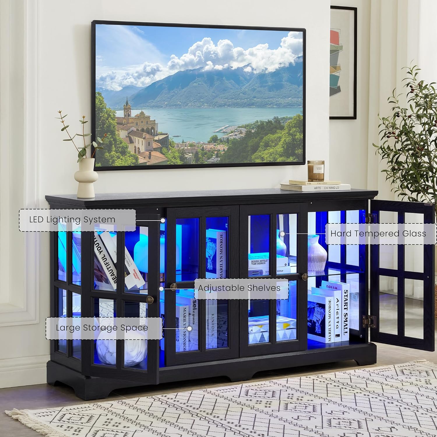 59' W LED Curio Cabinet with 7 Color Lights, Vintage Glass Display Case with Glass Doors, Smartphone-Controlled, Short Wooden China Cabinet with Adjustable Shelves for Living Room, Entryway (Black)