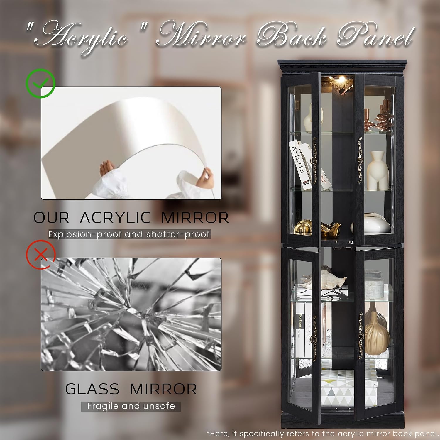 71' Lighted Curio Cabinet with 6 Adjustable Shelves, Vintage Glass Display Case, Tempered Glass Doors, Tall Wine Bar Cabinet for Living Room Liquor Storage, Bulb Included (Black & Square)