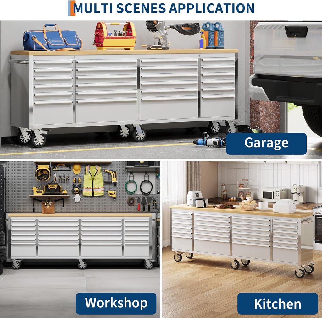 PeakPursuit 96' Rolling Tool Chest with 24 Drawers, Solid Rubber Wood Workbench Top, Locking Wheels & Key Lock, Mobile Garage Storage Cabinet for Workshop Organization, Silver