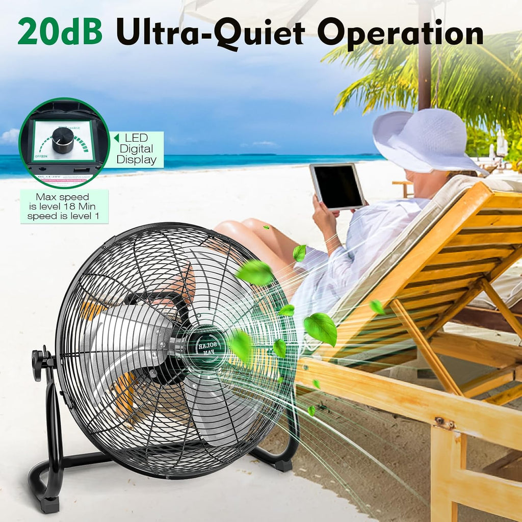 DBF 16' Solar Powered Fan Outdoor - Rechargeable 20000mAh Battery Cordless Floor Fan with 30W Solar Panel & AC Charging, High Velocity Metal Industrial Fans Portable for Outside Home Camping Patio