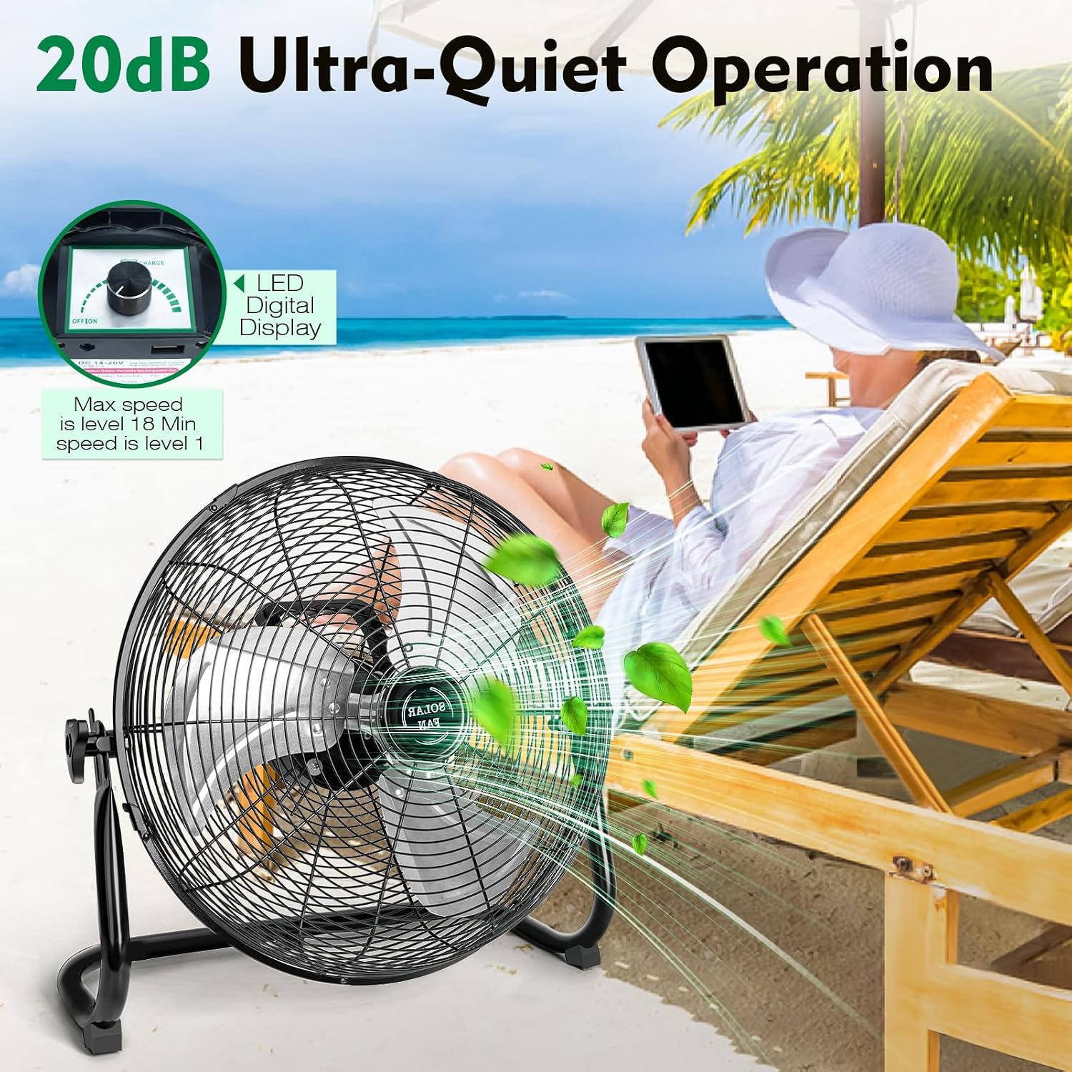 DBF 16' Solar Powered Fan Outdoor - Rechargeable 20000mAh Battery Cordless Floor Fan with 30W Solar Panel & AC Charging, High Velocity Metal Industrial Fans Portable for Outside Home Camping Patio