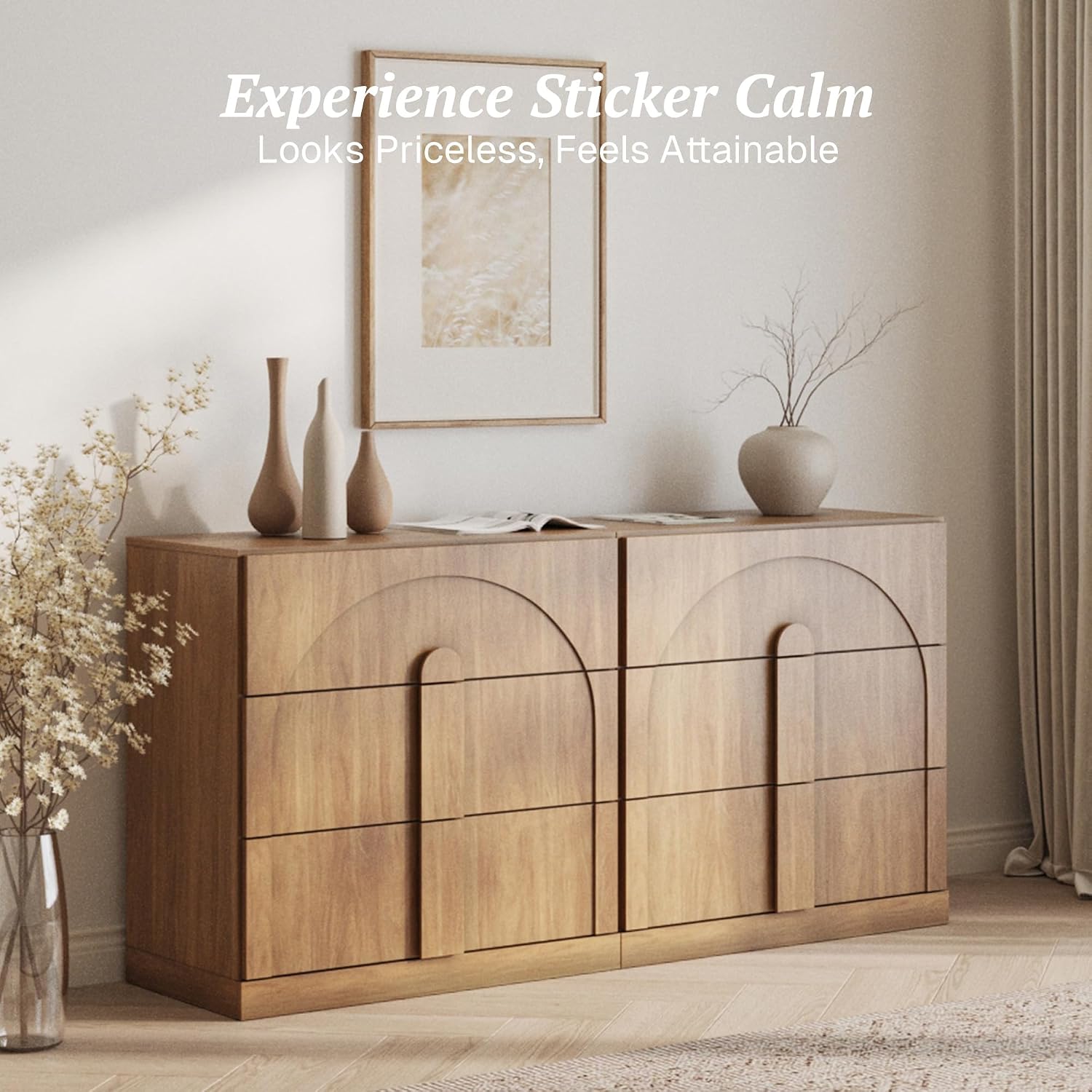 BELLEZE Sideboard Cabinet with 3 Drawers, Set of 2 Modern Wood Buffet Cabinet with Arc Design, Large Fluted Sideboard with Storage for Dining Room Living Room Entryway, Camel